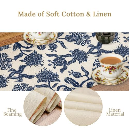 Asian Chinoiserie Blue Ceramic Table Runner 13x108in - Farmhouse Home Decor