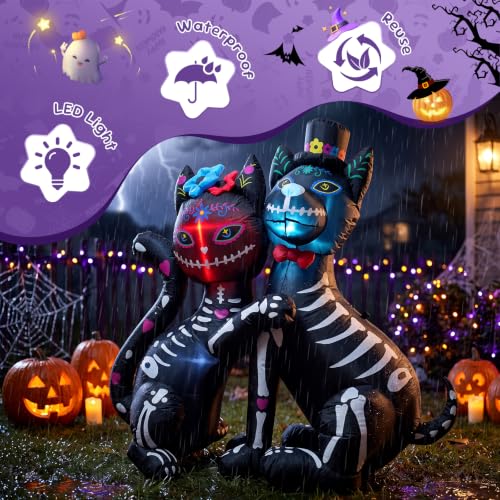 4ft Halloween & Day of the Dead Inflatable with Cat & Dog - Skeleton & Sugar Skull Duo, LED Lights, Weather-Resistant Decoration