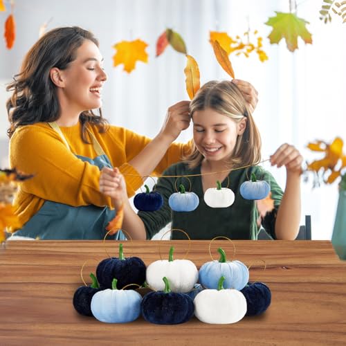 Blue Velvet Fall Pumpkin Hanging Ornaments - 16 Pcs Thanksgiving Decor