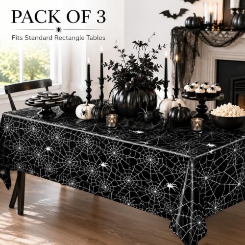 Merriva Black Spider Web Halloween Plastic Tablecloth Set - Disposable 54x108 Inch Rectangular Cover with Spooky Cobweb & Spider Print, 3 Pieces
