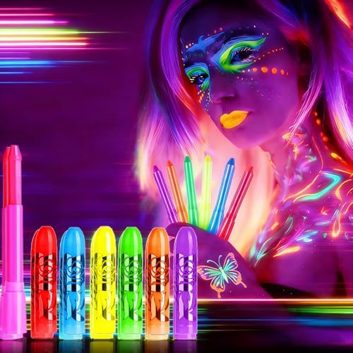 Neon Face & Body Paint Crayons Set - Glow in The Dark UV Makeup Kit, 6 Colors