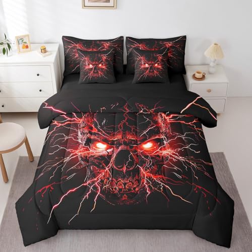 Black Red Gothic Bed in a Bag King Comforter Set 7 Pieces Halloween Skeleton