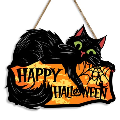 Black Cat Halloween Door Sign - Spooky Wooden Welcome Sign with Spider Web, 12x12 Inches - Variation of THIS listing