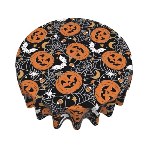 Halloween Tablecloth 60 Inch Round Black Pumpkins Web Design Stain-Resistant Polyester