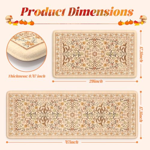 Anti-Fatigue Kitchen Mat with Fall Floral Pattern - Orange 17.3x47 + 17.3x29 Inches