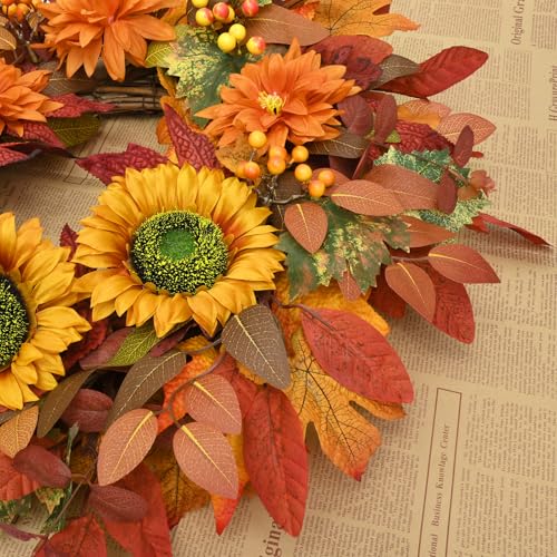 Autumn Sunflower Wreath 22 Inch Fall Door Decor - Orange