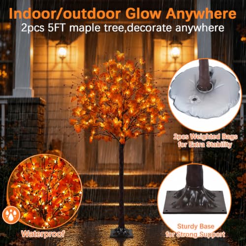 VirtuGro 2 Pack 5FT Lighted Maple Trees with 220LEDs, Remote & Timer - Fall Decor