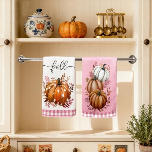 Fall Kitchen Towels Pink Pumpkin Buffalo Plaid Set - 4 Pcs
