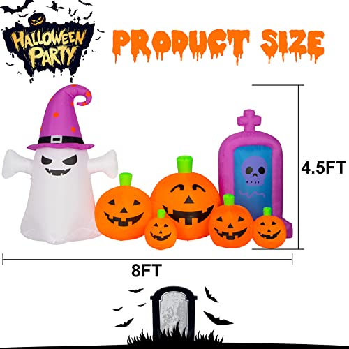 8ft Inflatable Halloween Pumpkin Ghost and Tombstone Outdoor Decor with LEDs