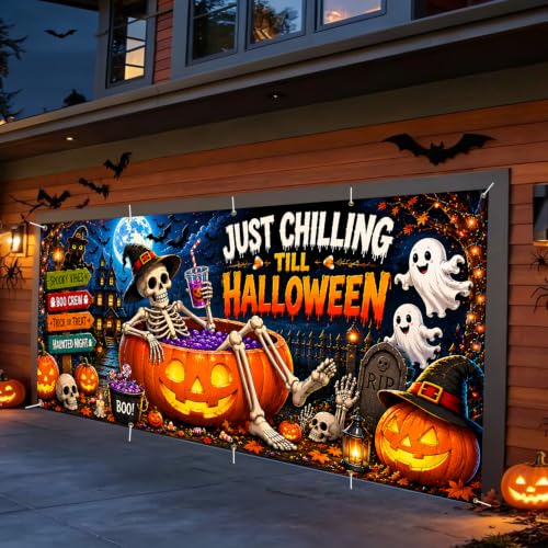 Halloween Garage Door Banner 7x16ft - Just Chilling Till Halloween Outdoor Decor - Ghost & Skeleton Pumpkin Double Garage Cover - Variation 255
