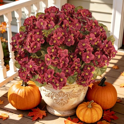 Artificial Fall Flowers for Outdoors - 6PCS Silk Geraniums - Dark Red - Seasonal Autumn Decor