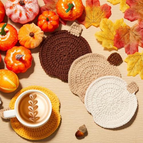 Fall Crochet Coasters Set - Pumpkin Shape, Ginger Yellow, Dark Brown, Khaki, Beige, 4 Pcs with Variation Pumpkin