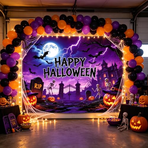 Halloween Backdrop 8x6FT with Ribbon & Spider Web Kit - Large Spooky Wall Decor
