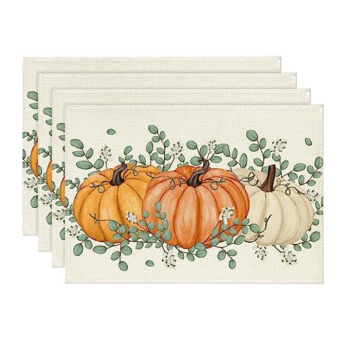Rectangular Fall Placemats Set of 4 - 12x18 Inch Orange Pumpkins & Eucalyptus Leaves