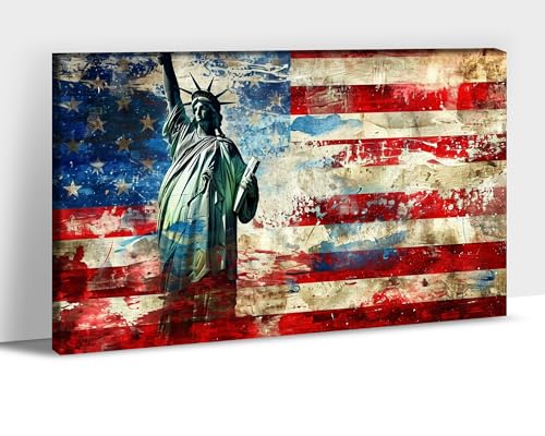 American Wall Art Canvas Prints - Vintage USA Flag & Lady Liberty 18x24 Inch - Variation: USA Flag23