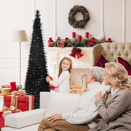 Black 5FT Collapsible Pop Up Tinsel Christmas Tree - Pencil Style