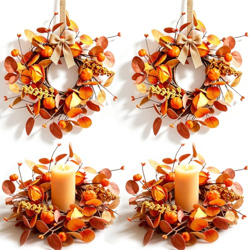 Mini Fall Pumpkin Candle Ring Wreaths - 4 Pcs Autumn Eucalyptus & Berries - Farmhouse Thanksgiving Decor
