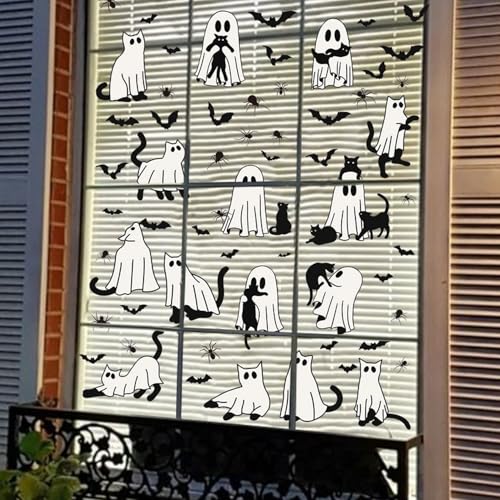 Halloween Window Clings Pack - Ghost, Cat, Bat & Spider Web Stickers - Style1