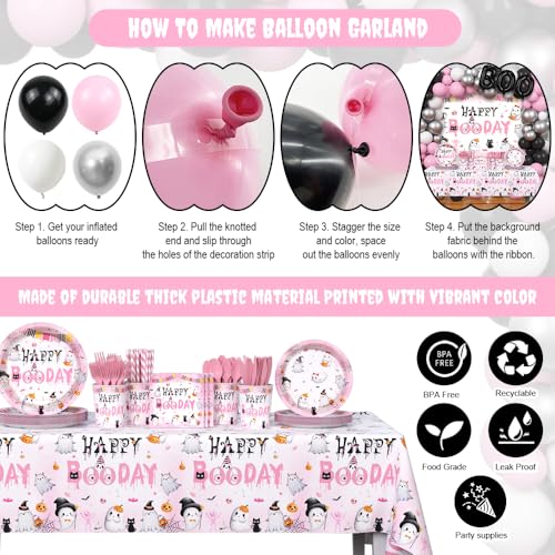 Halloween Birthday Party Supplies Set with Plates Balloons Banner and Tablecloth - Pink Boo Day Theme