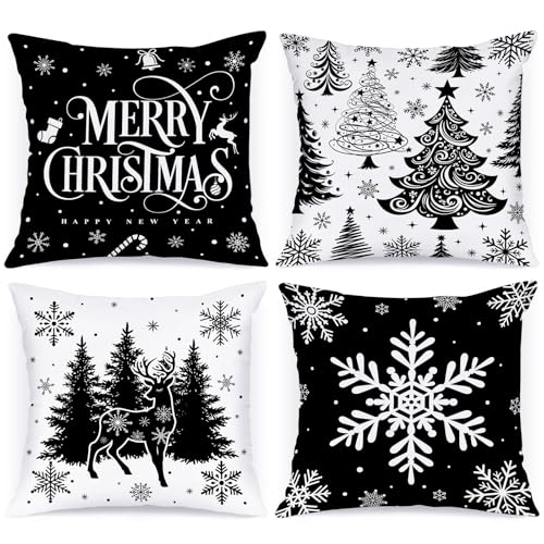 Black Christmas Pillow Covers Set of 4 24x24 Holiday Cushion Cases Winter Decor