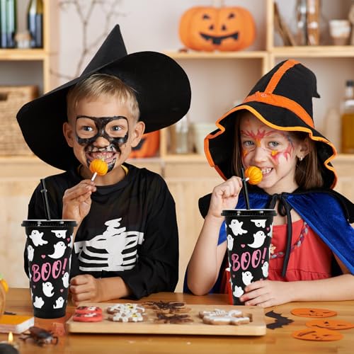Halloween Ghost Plastic Cups with Straws and Lids - 24oz, Pack of 12 - Ghost Design