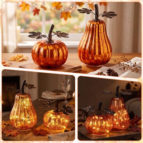 Lighted Glass Pumpkin Decor - Set of 2 Mercury Glass Autumn Halloween Thanksgiving Oranges
