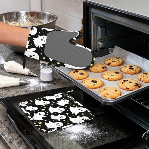 Halloween Ghosts Heat-Resistant Silicone Oven Mitts & Pot Holders Set - Long Non-Slip Kitchen Gloves