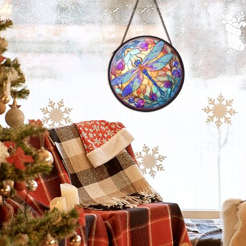 Dragonfly Suncatcher - Stained Glass Window Hanging Decor, 7.9 Inch Garden Wall Art