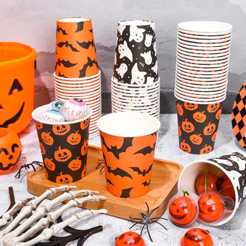 Halloween Paper Cups 120Pcs Disposables with Pumpkin Ghost Bats Design 9 Oz