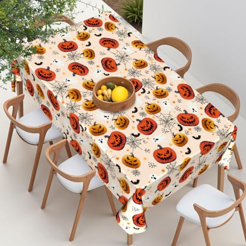 Halloween Tablecloth 60x84 Inch Rectangular Jack-O-Lantern Spider Web Bat Ghost Reusable Washable
