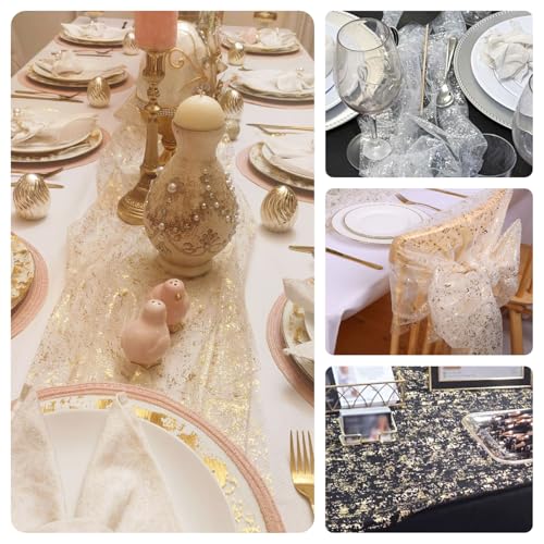 10ft Black and Gold Sequin Table Runner - 120 Inch Metallic Foil for Wedding & Party
