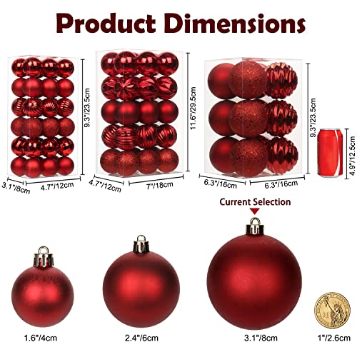 Christmas Ball Ornaments Set - Red 3.15 Inch Shatterproof Holiday Tree Decorations (12 pcs) with Hanging Loops