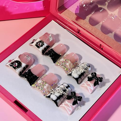 Black Ballet Ribbons Short Duck Press On Nails - Medium Reusable Fake Nails