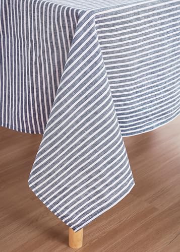 European Linen Tablecloth 60x108 Inches Blue Stripe - Rectangular, Machine Washable, 8-10 Sets