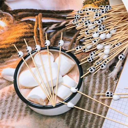 Skull Head Bamboo Cocktail Picks 100PCS Food Skewers for Fruit, Appetizers & Drinks