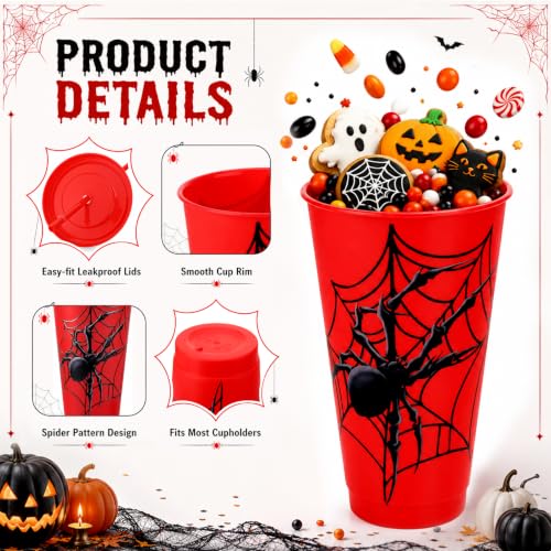 24 Pcs Spider Party Cups with Lids & Straws - Halloween & Themed Celebration Set