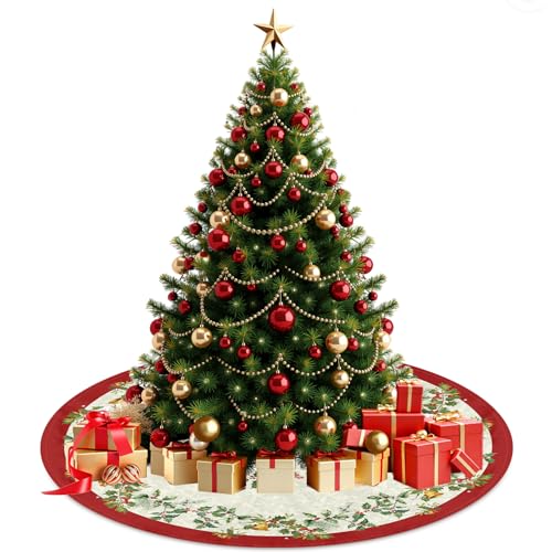 Christmas Tree Skirt 36 Inch Red and Cream Poinsettia Floral Festive Decor - Variation B