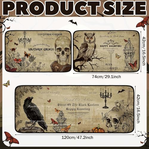 Retro Halloween Kitchen Rugs Set 3 Pcs Skeleton Crow Eagle Waterproof Non Slip Mats