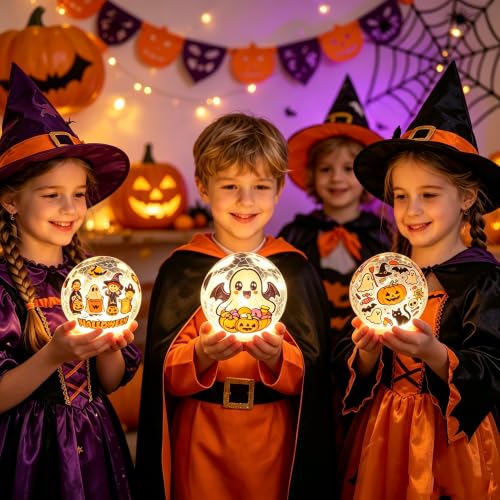 White Elf Halloween Crackle Glass Ball Lights - 3 PCS LED Table Lamps with Timer