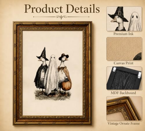 Halloween Ghost Duck Canvas Wall Art - Vintage Gold Frame, 9x11 in - Ducks and Ghost Variation