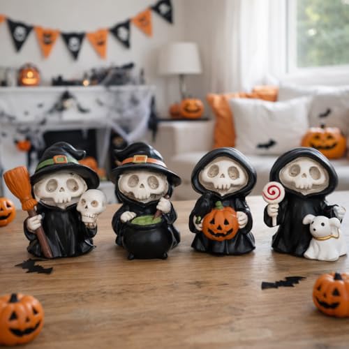 Halloween Skeleton Figurines Set of 4 - Black Mini Spooky Decor for Table, Shelf & Mantel