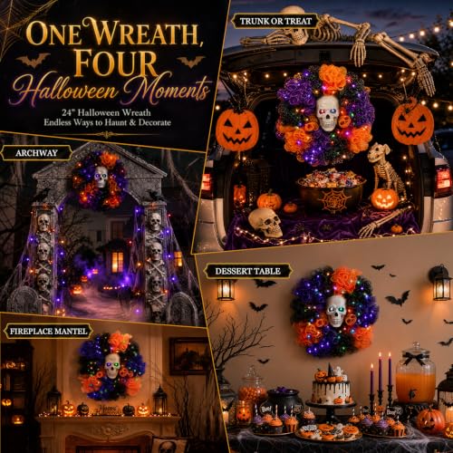Halloween Wreath with Skull & Color-Changing Lights - 24-inch Decor