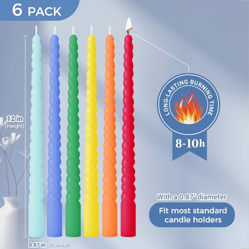 Multi-Color Spiral Taper Candles 12 Inch 6 Pack Unscented Dripless Long Burn