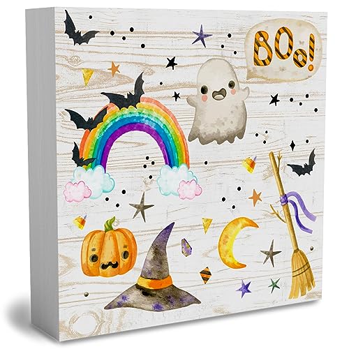 Halloween Ghost Wooden Box Sign - Rainbow Boo Fall Decor, 5x5 Inches - Halloween3-2
