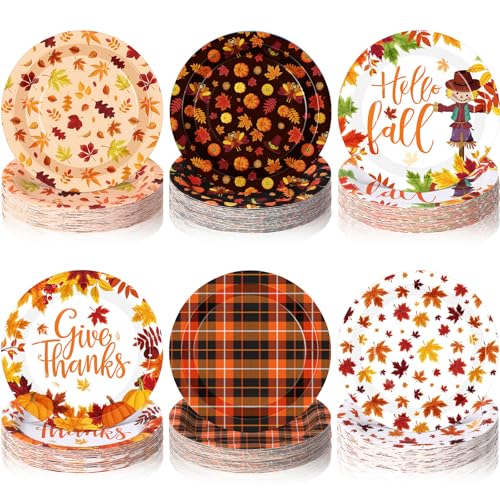 Umigy 120 Pcs Fall Paper Plates 7 Inch Hello Fall Maple Leaves Autumn Harvest Party Orange