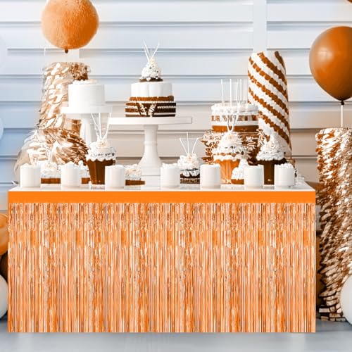Morcheiong Orange Foil Fringe Tinsel Table Skirts - 2 Pack for Rectangle Tables - Party Decorations
