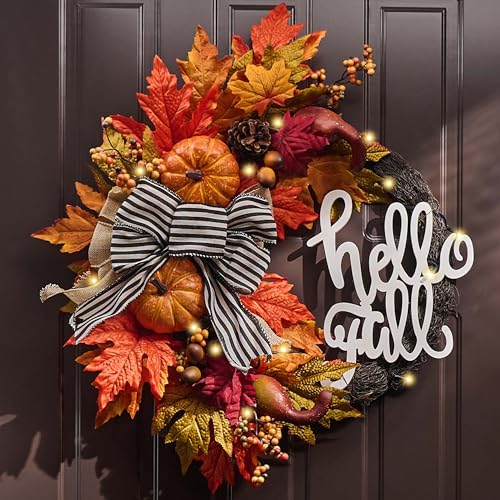 Brown 22-Inch Collapsible Fall Wreath with Pumpkins and Lights - Rustic Door Decor