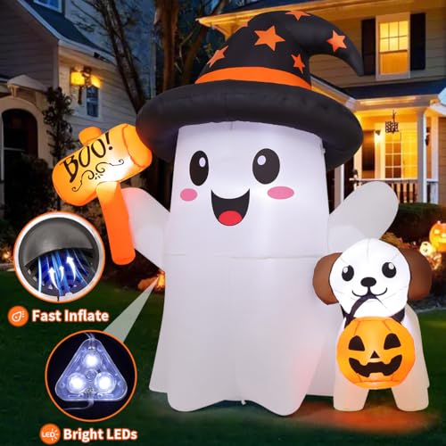 Halloween Inflatable Ghost and Puppy Set with LED Lights - Outdoor Yard Decor