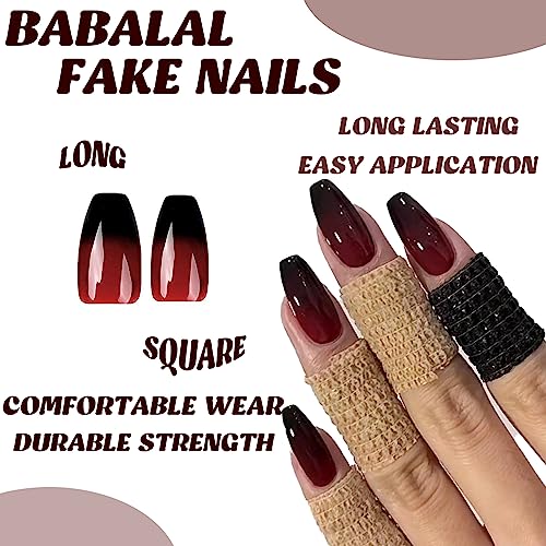 Press On Nails Medium Coffin Set - Black Red Goth Fake Nails with Glue - Variation bbfnH007