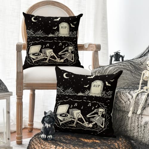Halloween Skeleton Pillow Covers Set of 2 - Black 18x18 Inches Decorative Throw Pillows